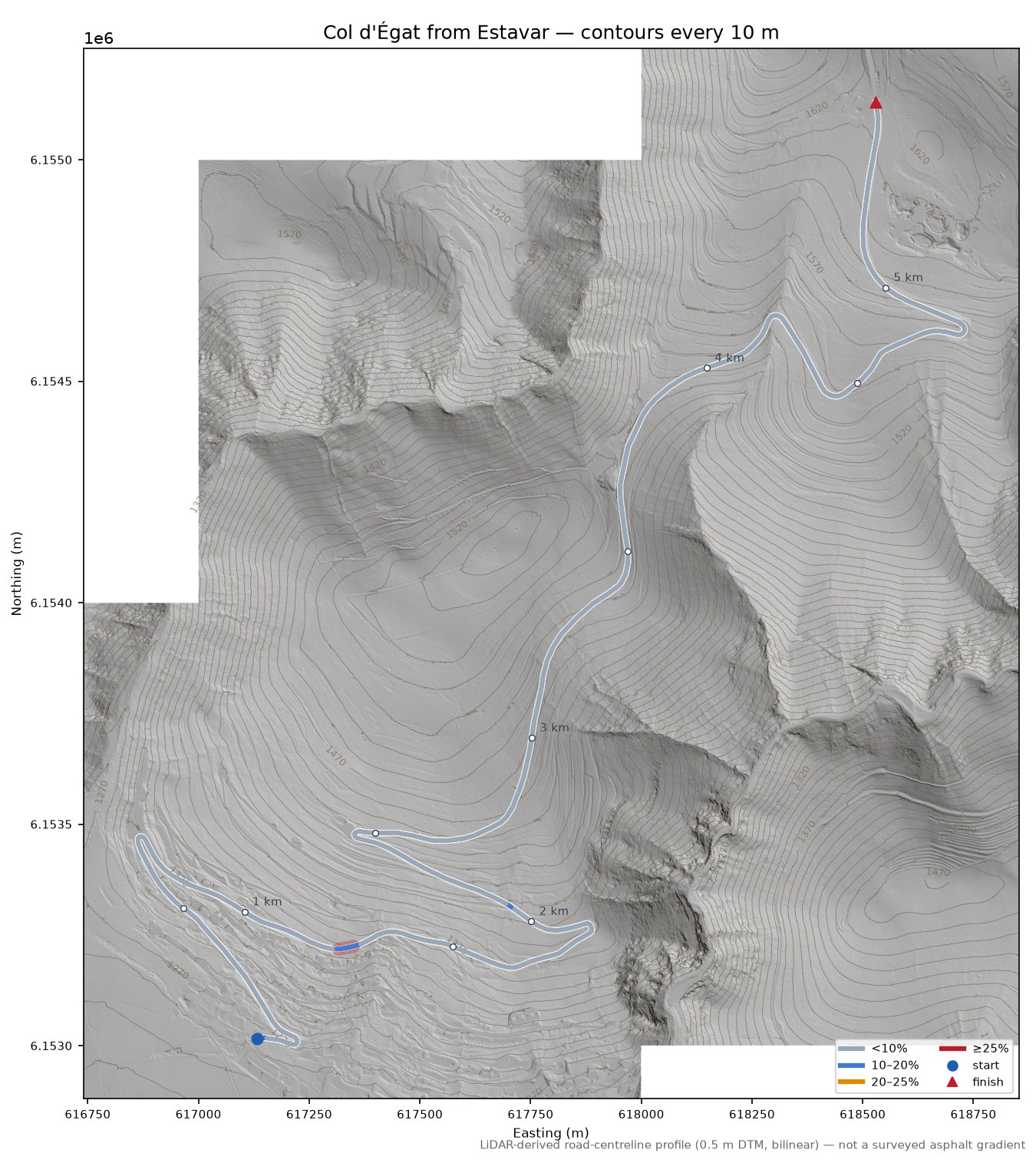 Col d'Égat from Estavar LiDAR hillshade map with contours