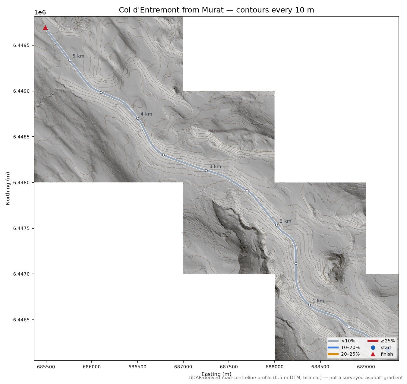Col d'Entremont from Murat LiDAR hillshade map with contours