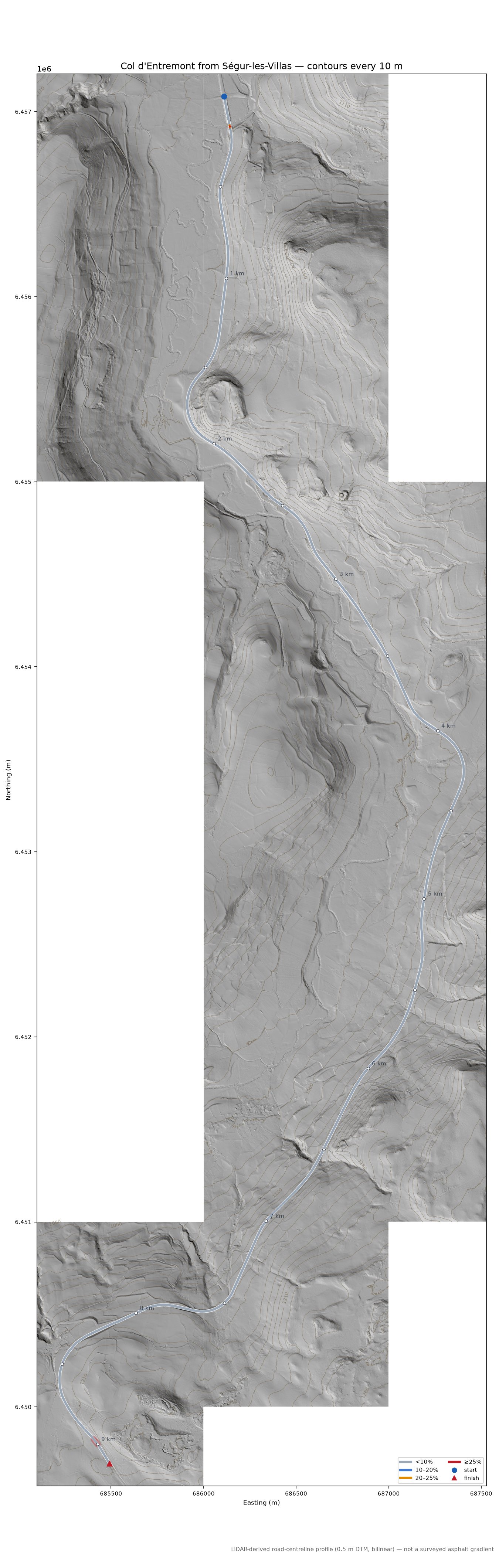 Col d'Entremont from Ségur-les-Villas LiDAR hillshade map with contours