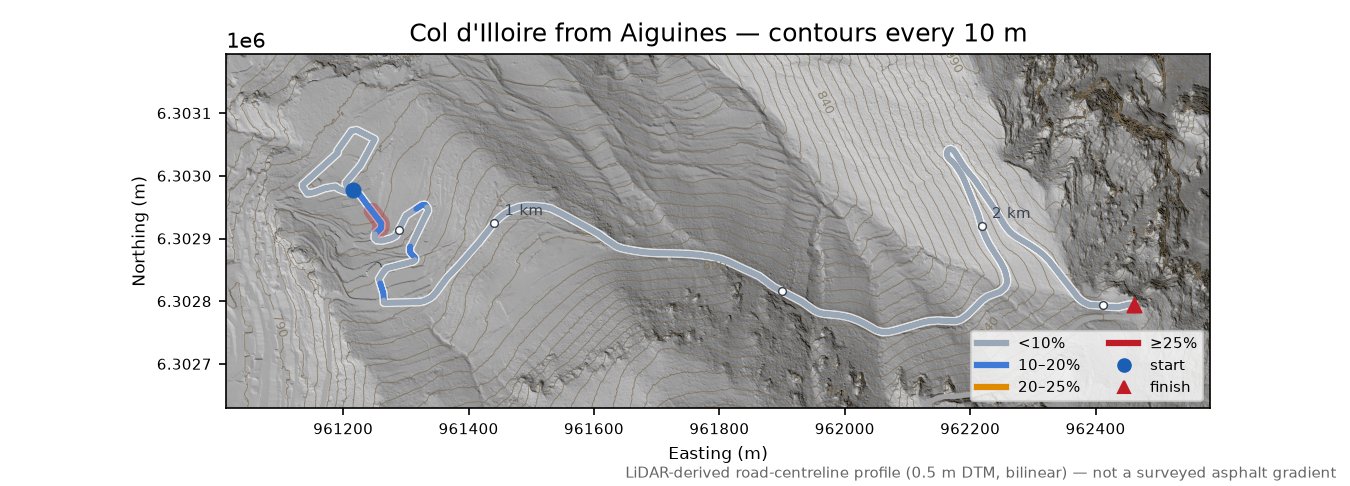 Col d'Illoire from Aiguines LiDAR hillshade map with contours