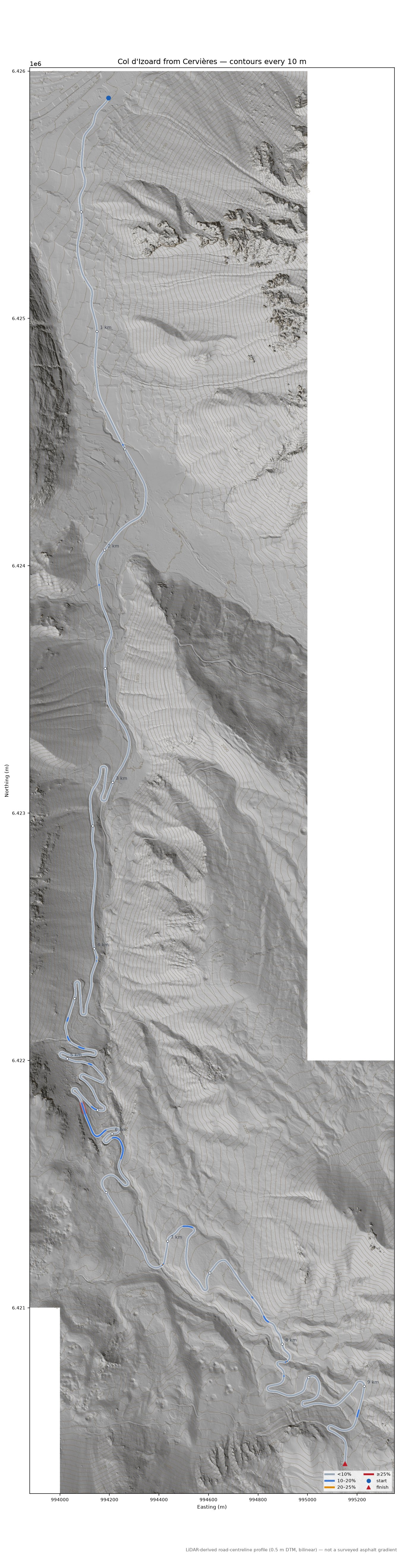 Col d'Izoard from Cervières LiDAR hillshade map with contours