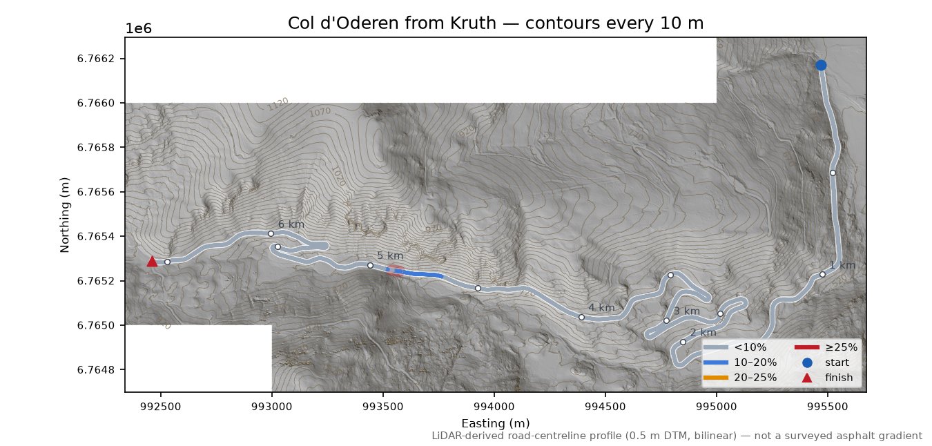 Col d'Oderen from Kruth LiDAR hillshade map with contours
