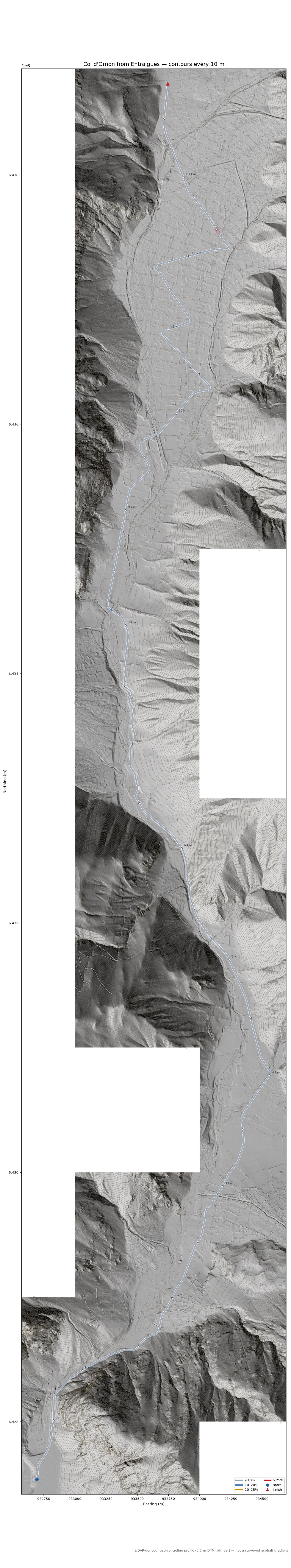 Col d'Ornon from Entraigues LiDAR hillshade map with contours