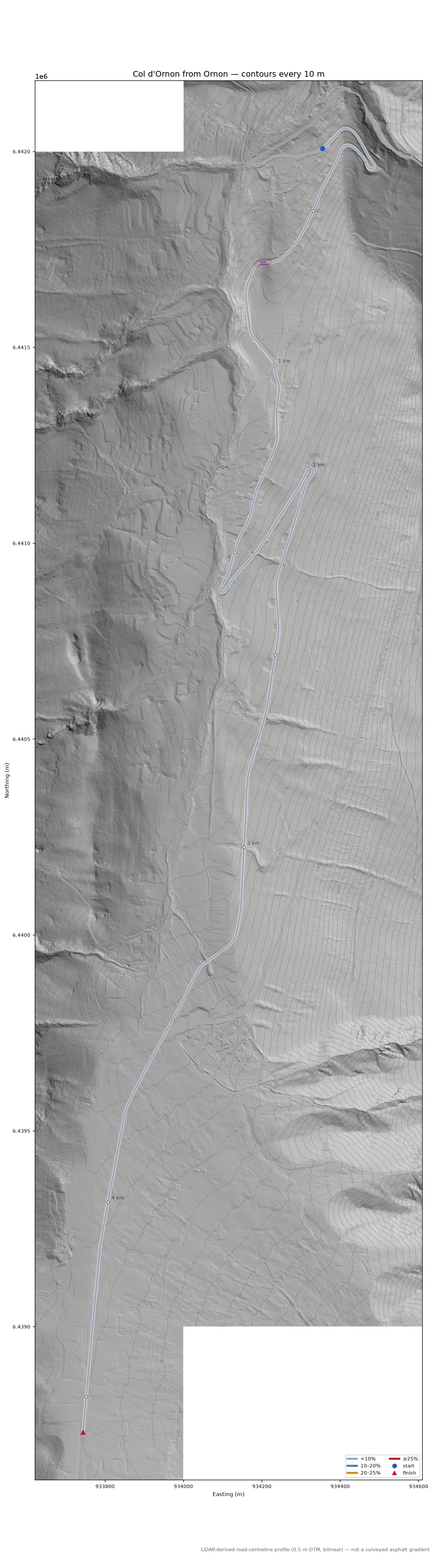 Col d'Ornon from Ornon LiDAR hillshade map with contours