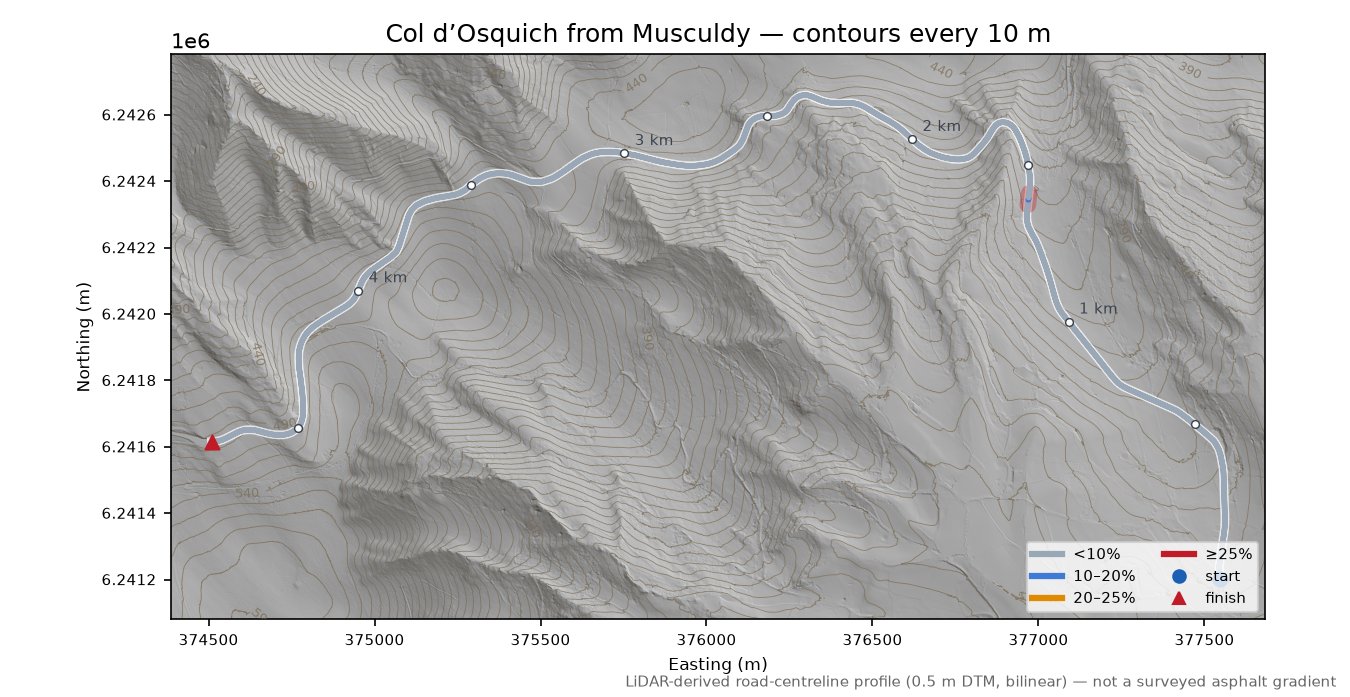 Col d’Osquich from Musculdy LiDAR hillshade map with contours