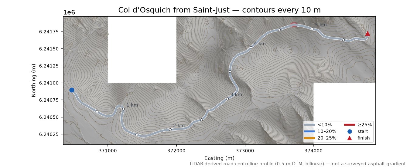 Col d’Osquich from Saint-Just LiDAR hillshade map with contours