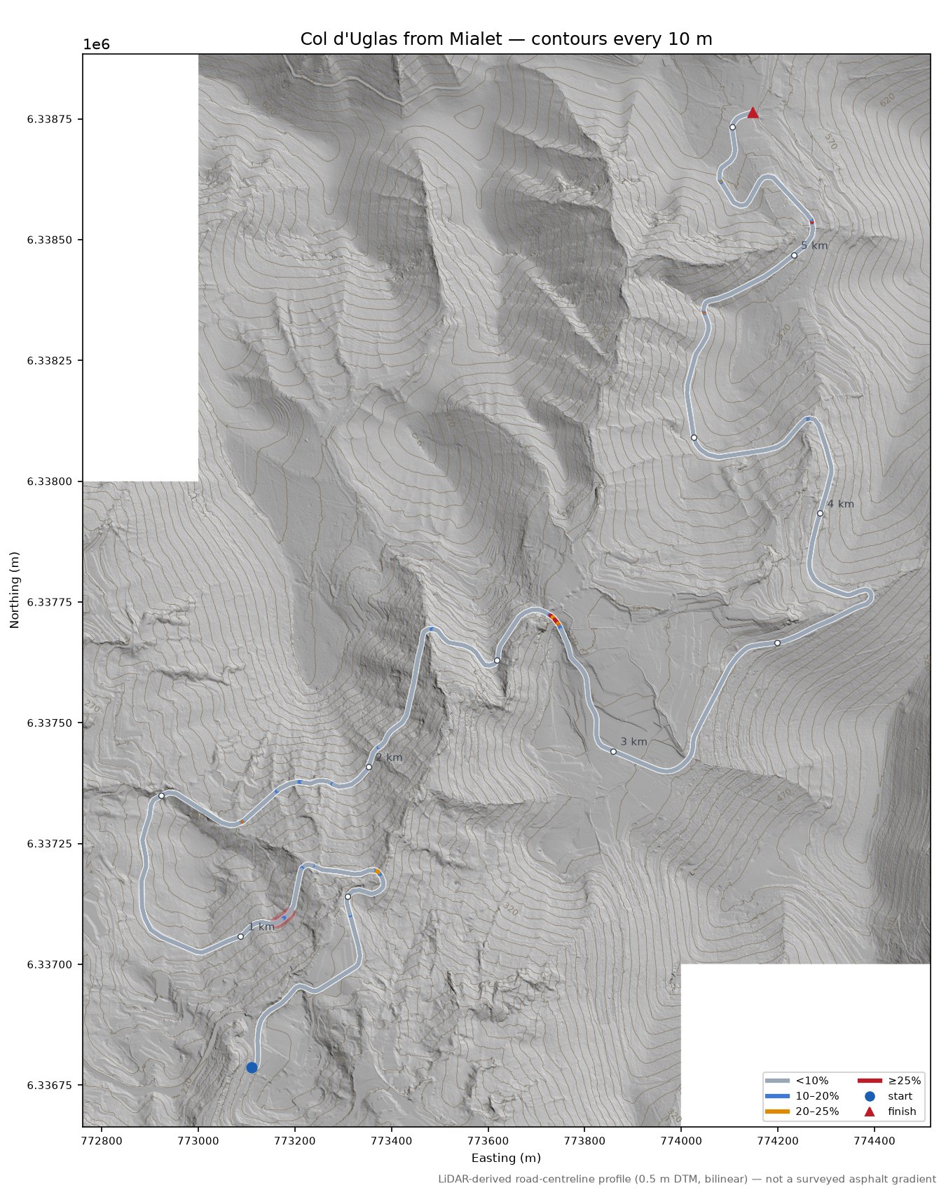 Col d'Uglas from Mialet LiDAR hillshade map with contours