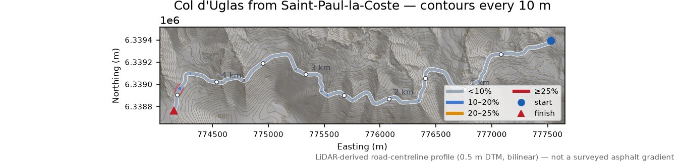 Col d'Uglas from Saint-Paul-la-Coste LiDAR hillshade map with contours