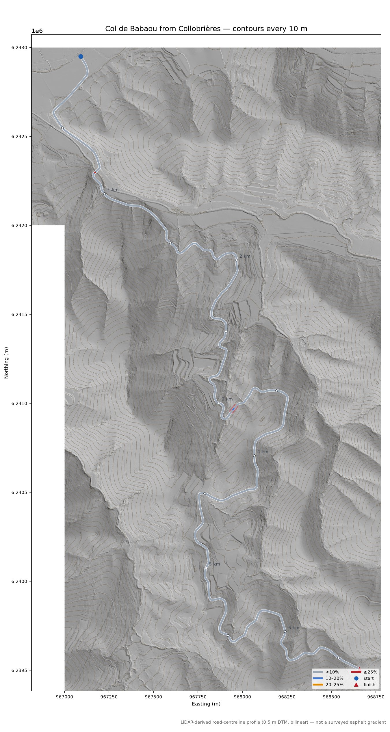 Col de Babaou from Collobrières LiDAR hillshade map with contours