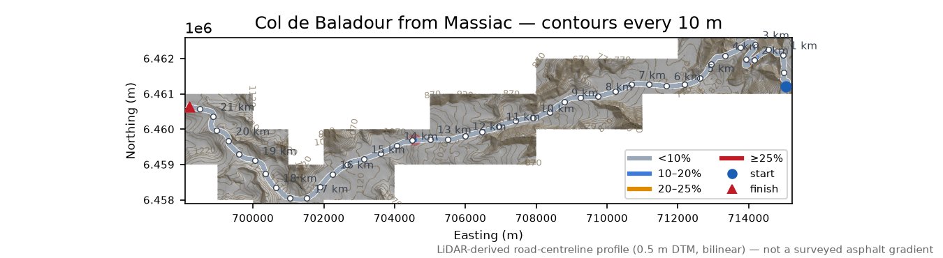 Col de Baladour from Massiac LiDAR hillshade map with contours