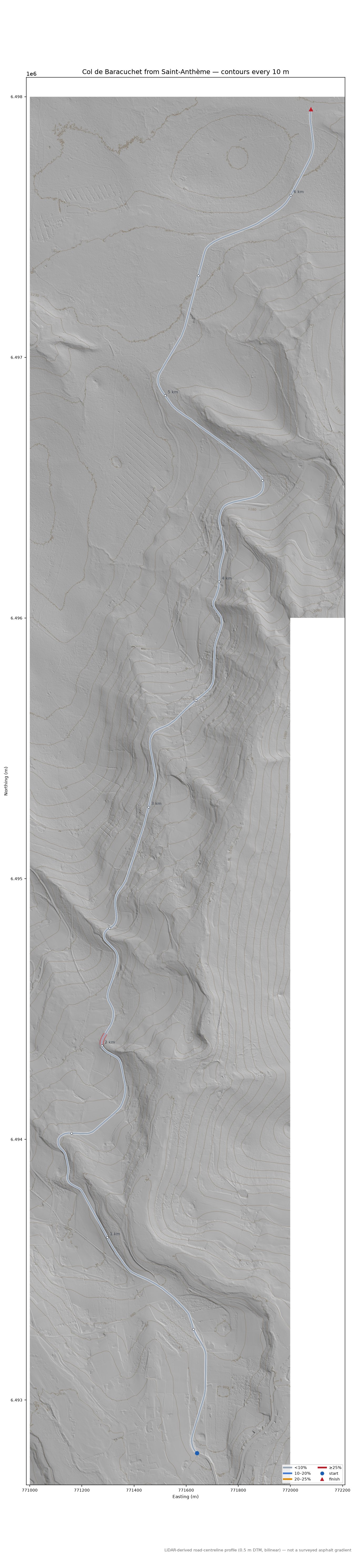Col de Baracuchet from Saint-Anthème LiDAR hillshade map with contours
