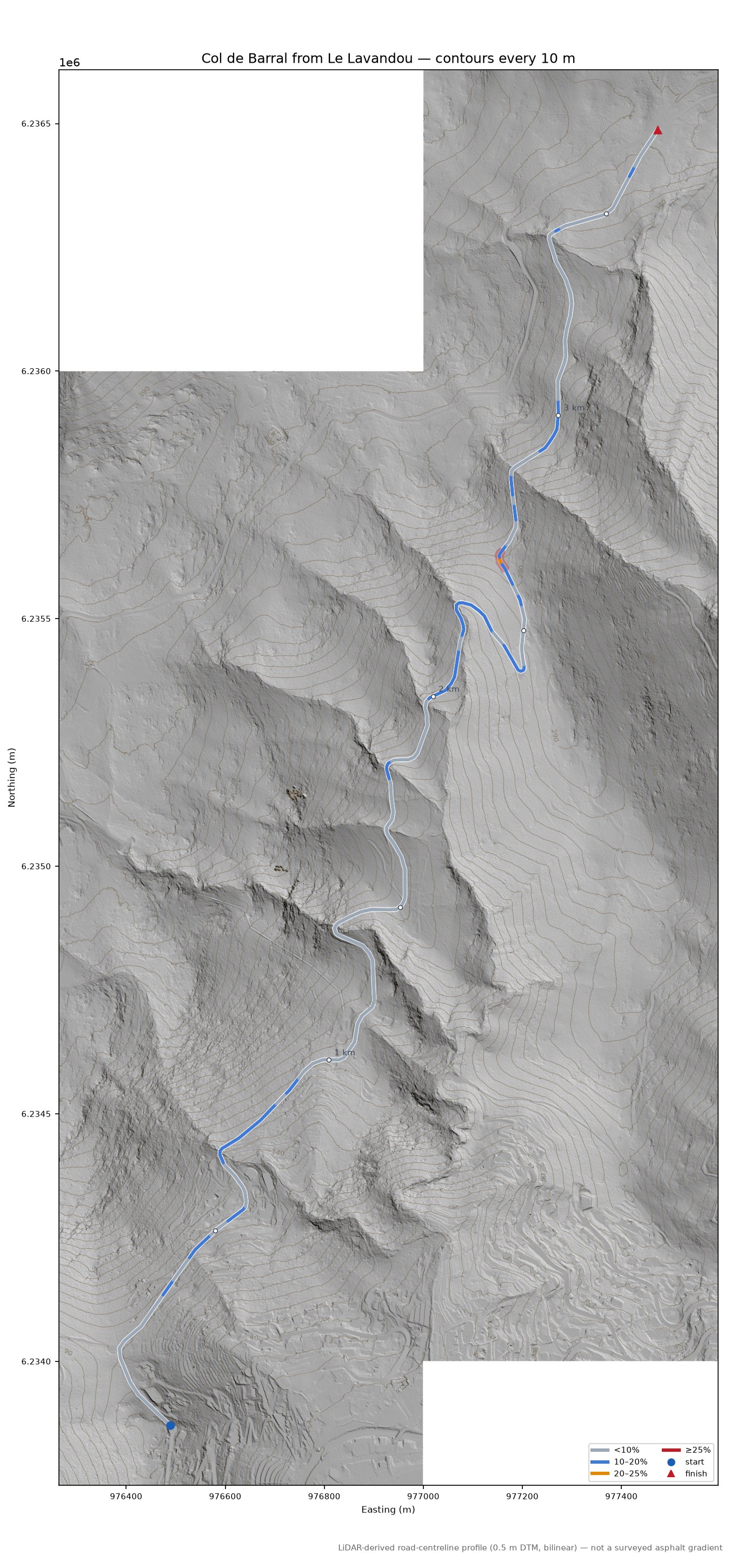 Col de Barral from Le Lavandou LiDAR hillshade map with contours