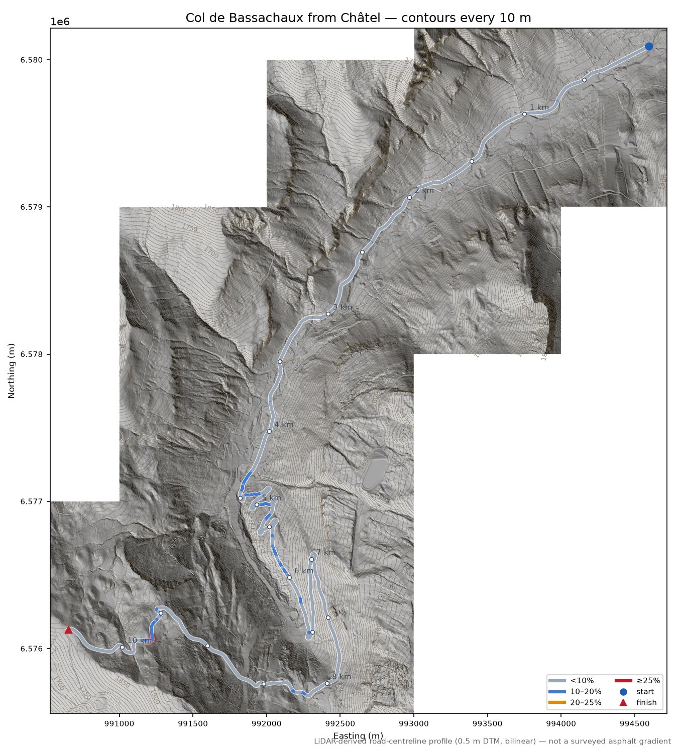 Col de Bassachaux from Châtel LiDAR hillshade map with contours