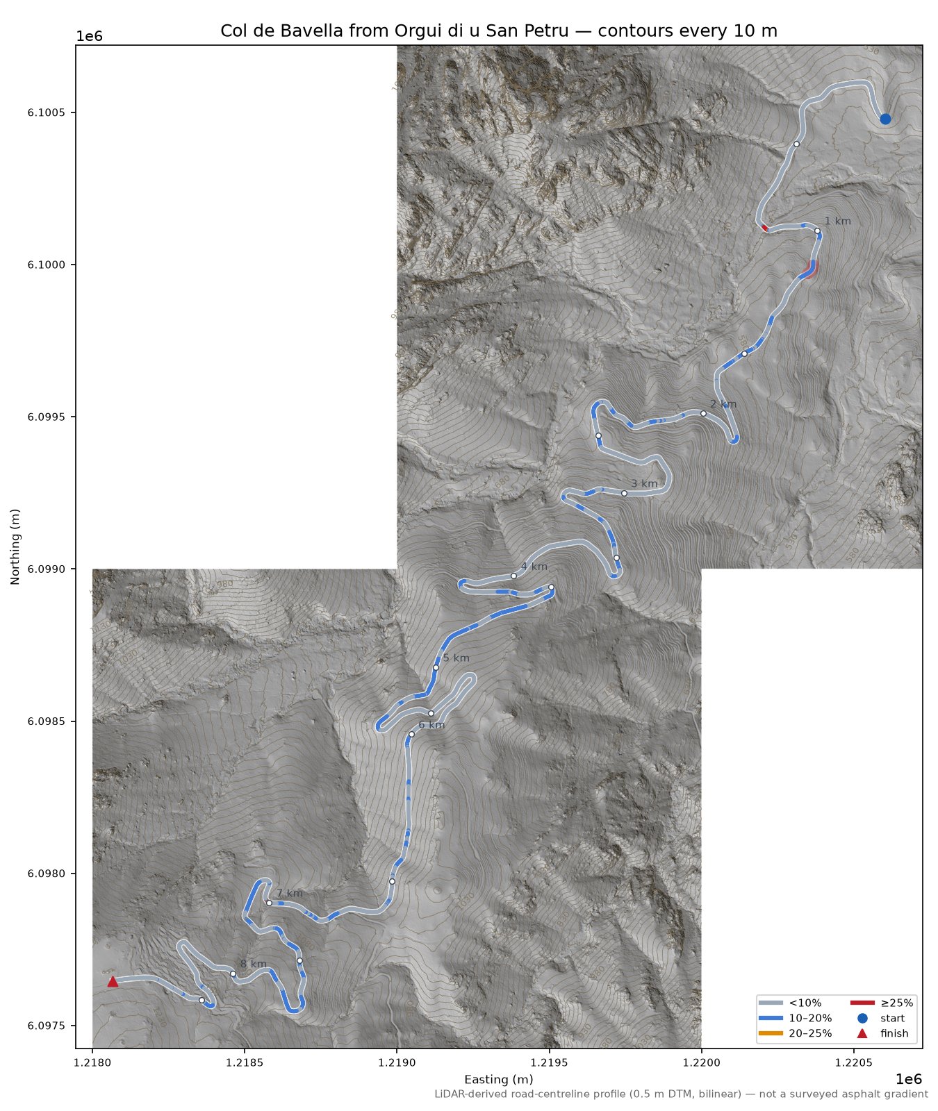 Col de Bavella from Orgui di u San Petru LiDAR hillshade map with contours