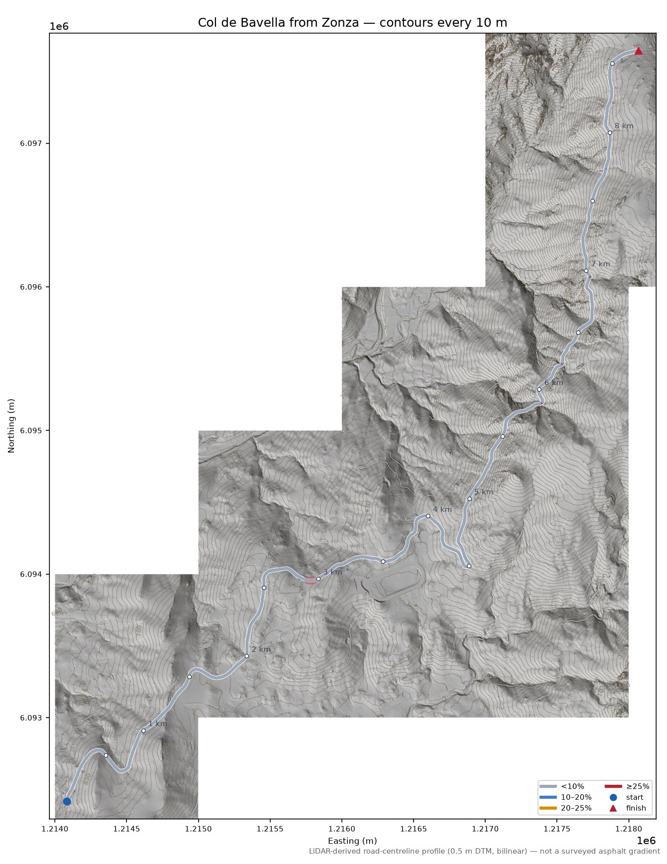 Col de Bavella from Zonza LiDAR hillshade map with contours