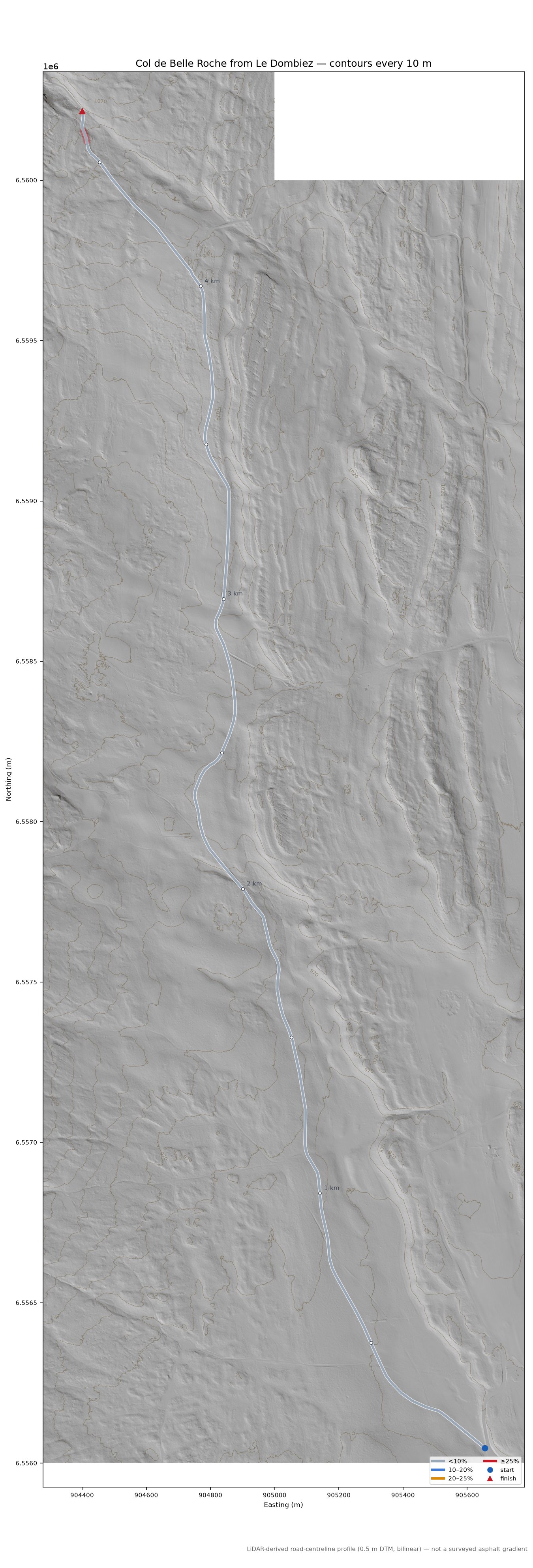 Col de Belle Roche from Le Dombiez LiDAR hillshade map with contours