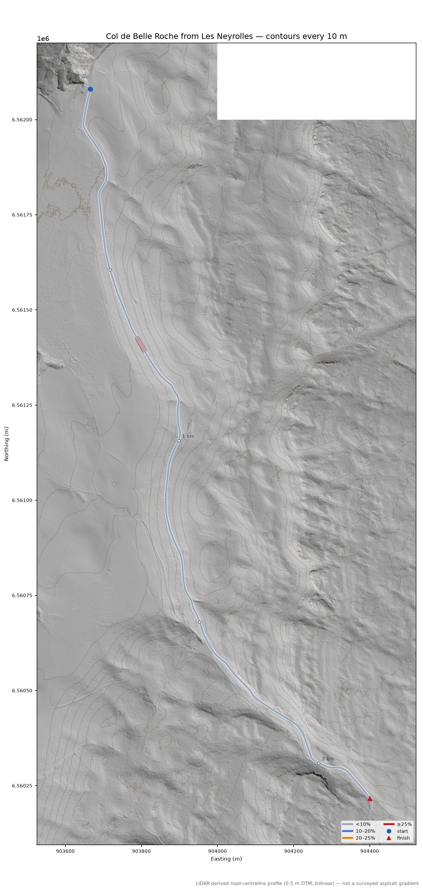 Col de Belle Roche from Les Neyrolles LiDAR hillshade map with contours