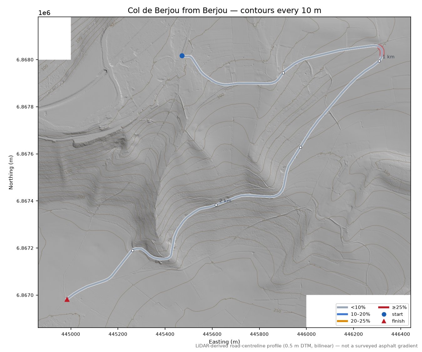 Col de Berjou from Berjou LiDAR hillshade map with contours