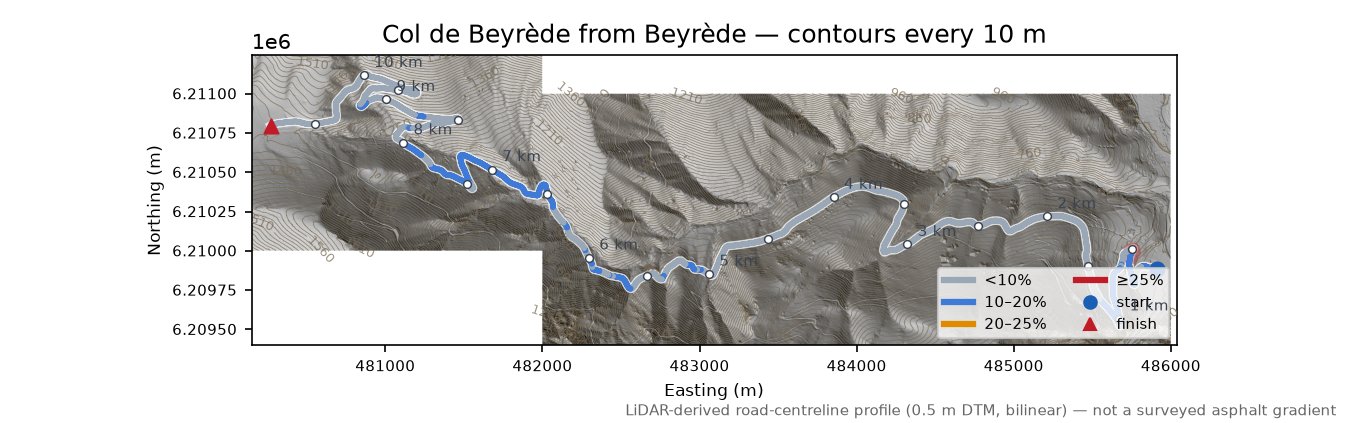 Col de Beyrède from Beyrède LiDAR hillshade map with contours