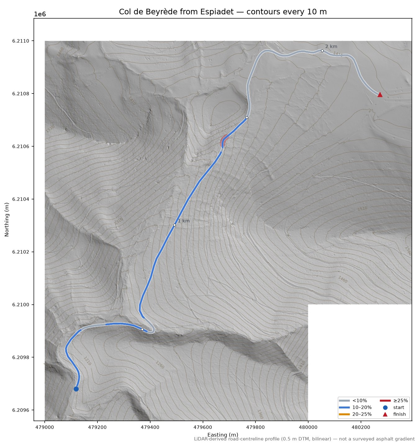 Col de Beyrède from Espiadet LiDAR hillshade map with contours