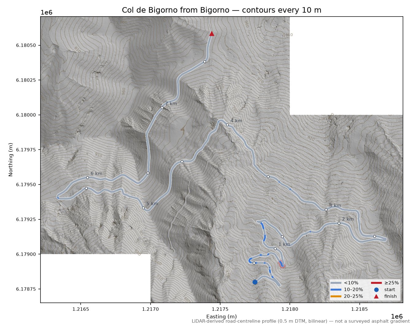 Col de Bigorno from Bigorno LiDAR hillshade map with contours