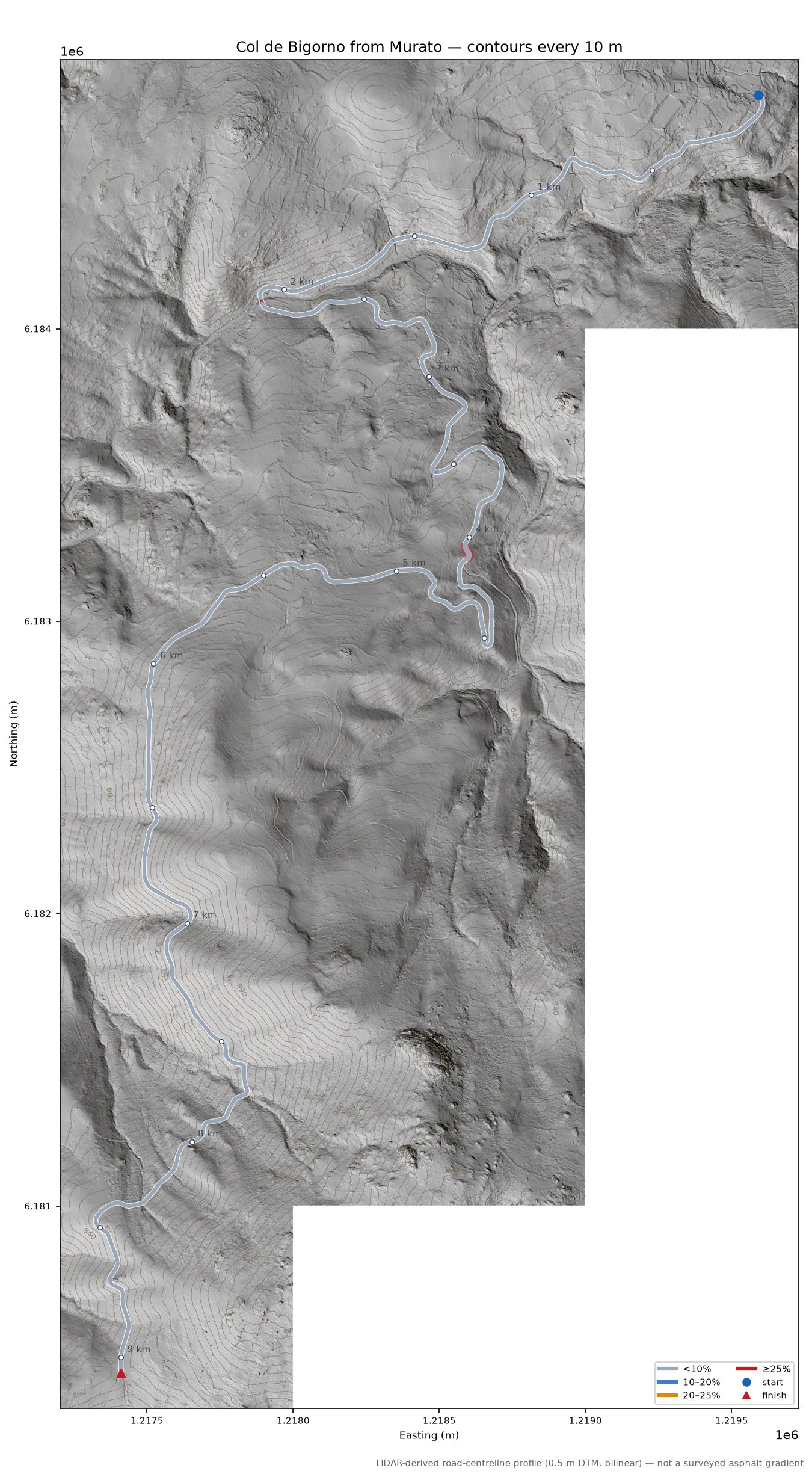Col de Bigorno from Murato LiDAR hillshade map with contours
