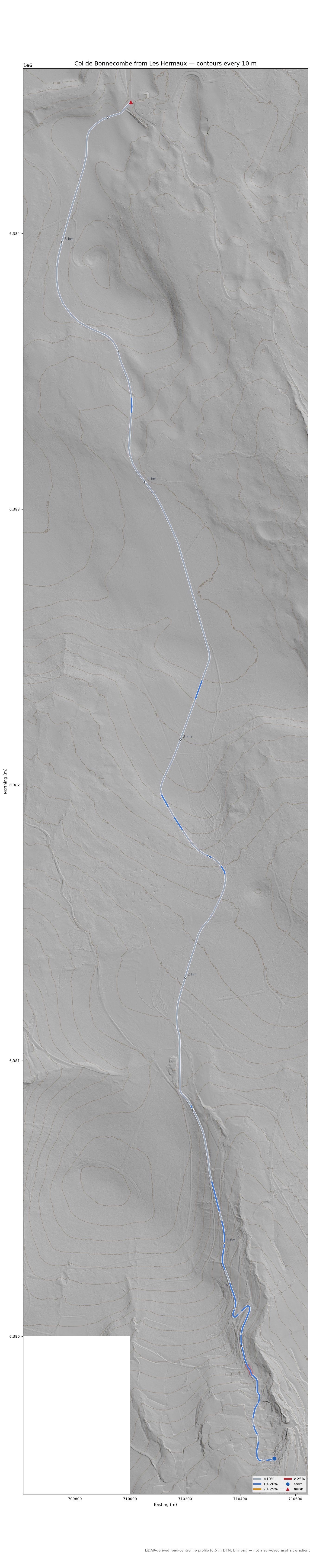Col de Bonnecombe from Les Hermaux LiDAR hillshade map with contours