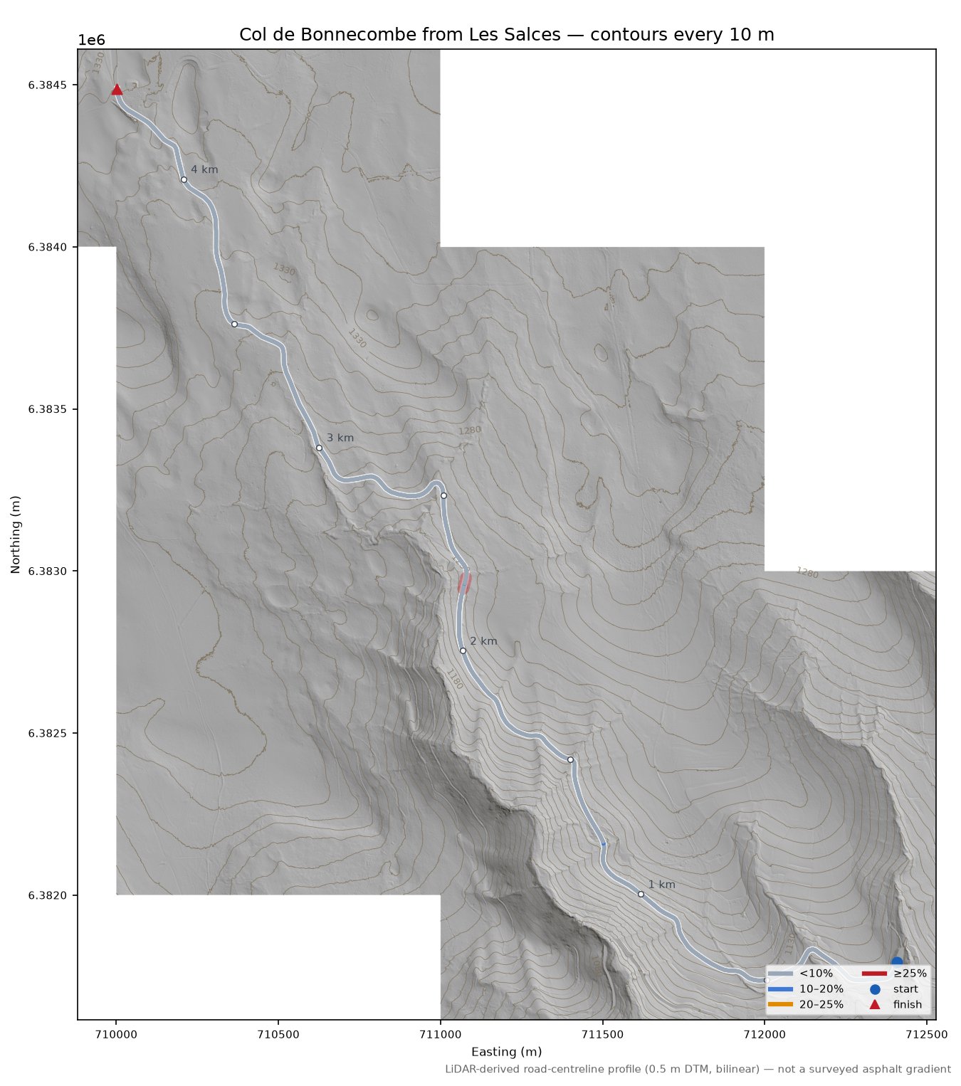 Col de Bonnecombe from Les Salces LiDAR hillshade map with contours