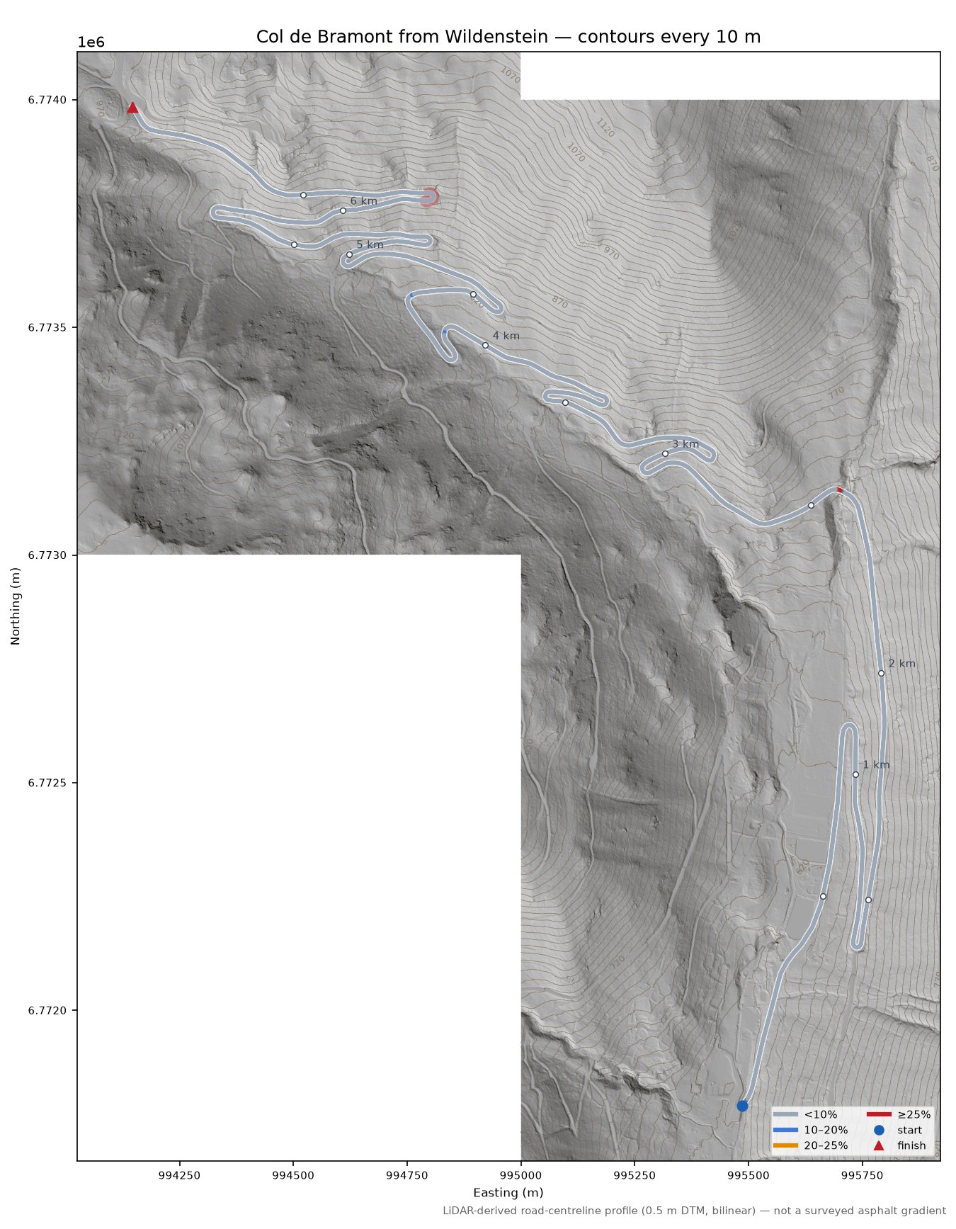 Col de Bramont from Wildenstein LiDAR hillshade map with contours