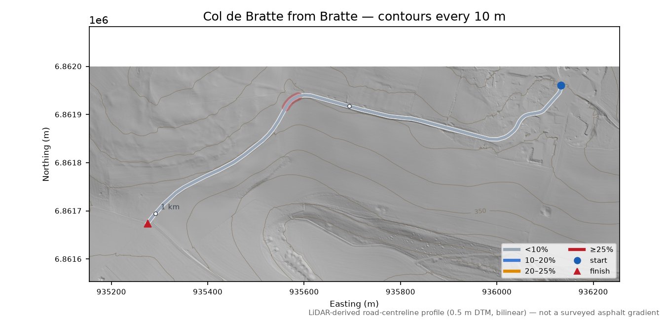 Col de Bratte from Bratte LiDAR hillshade map with contours