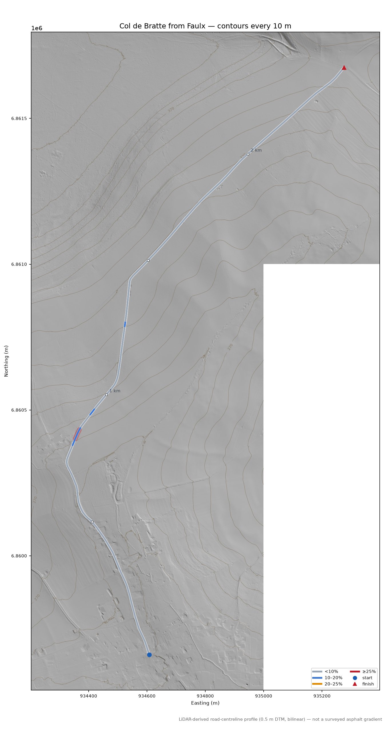 Col de Bratte from Faulx LiDAR hillshade map with contours