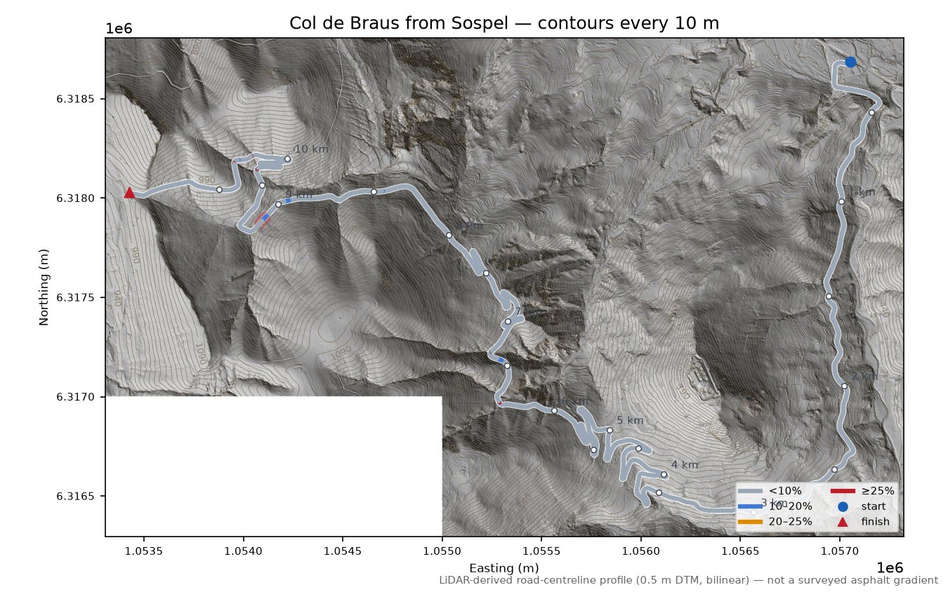 Col de Braus from Sospel LiDAR hillshade map with contours