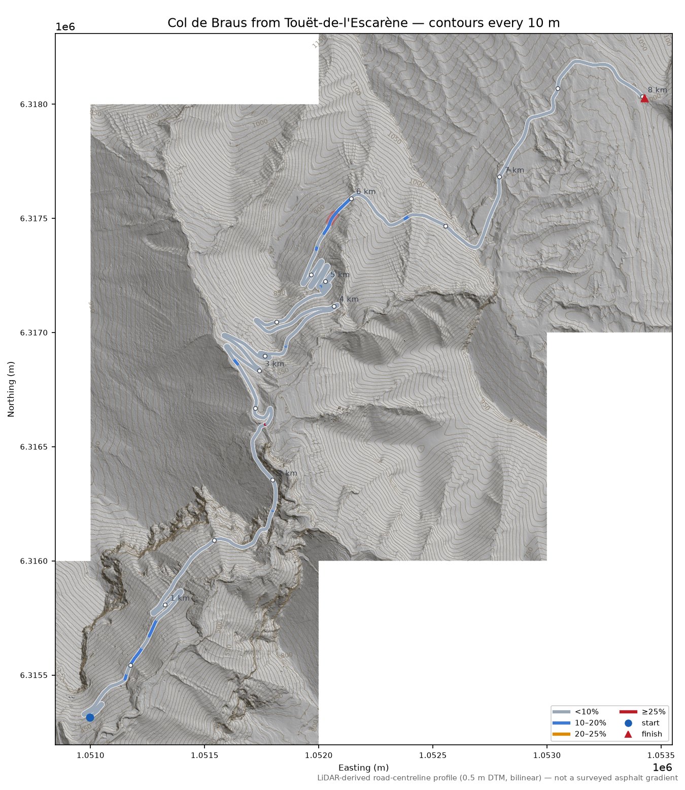 Col de Braus from Touët-de-l'Escarène LiDAR hillshade map with contours