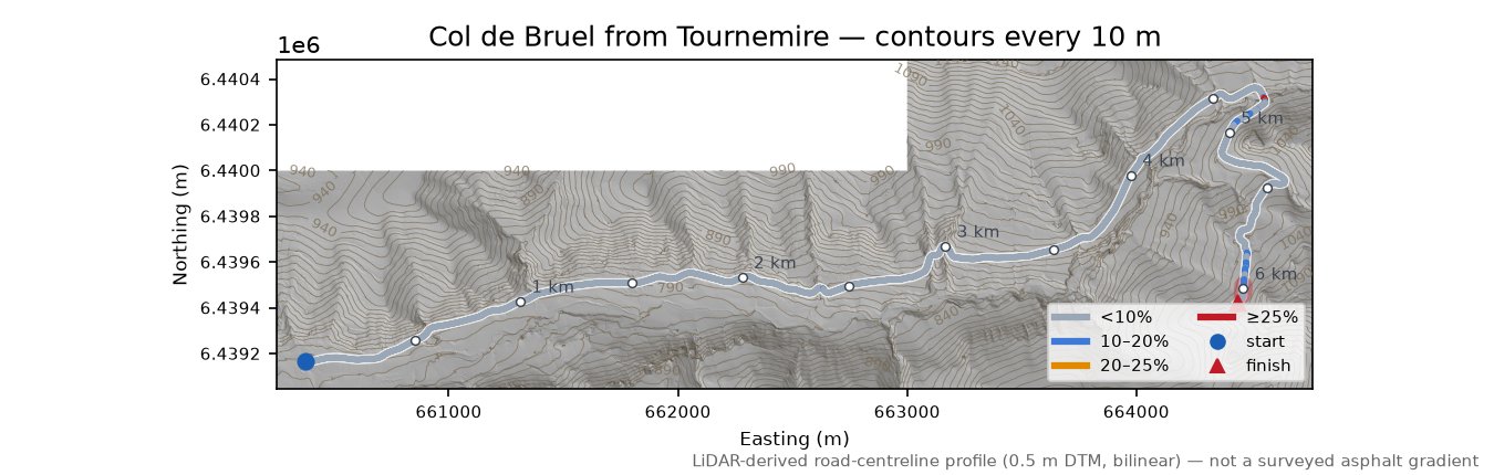 Col de Bruel from Tournemire LiDAR hillshade map with contours