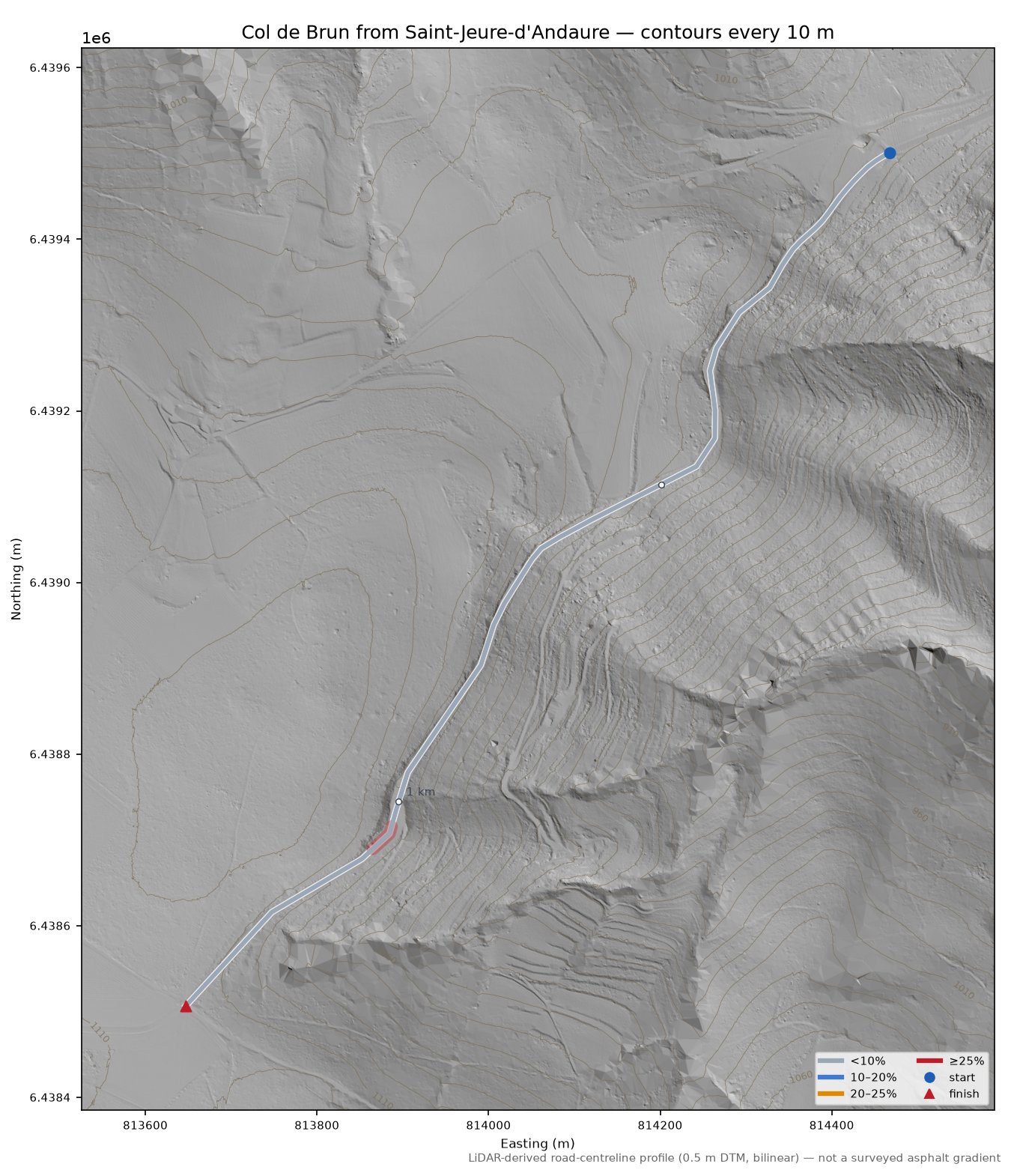 Col de Brun from Saint-Jeure-d'Andaure LiDAR hillshade map with contours