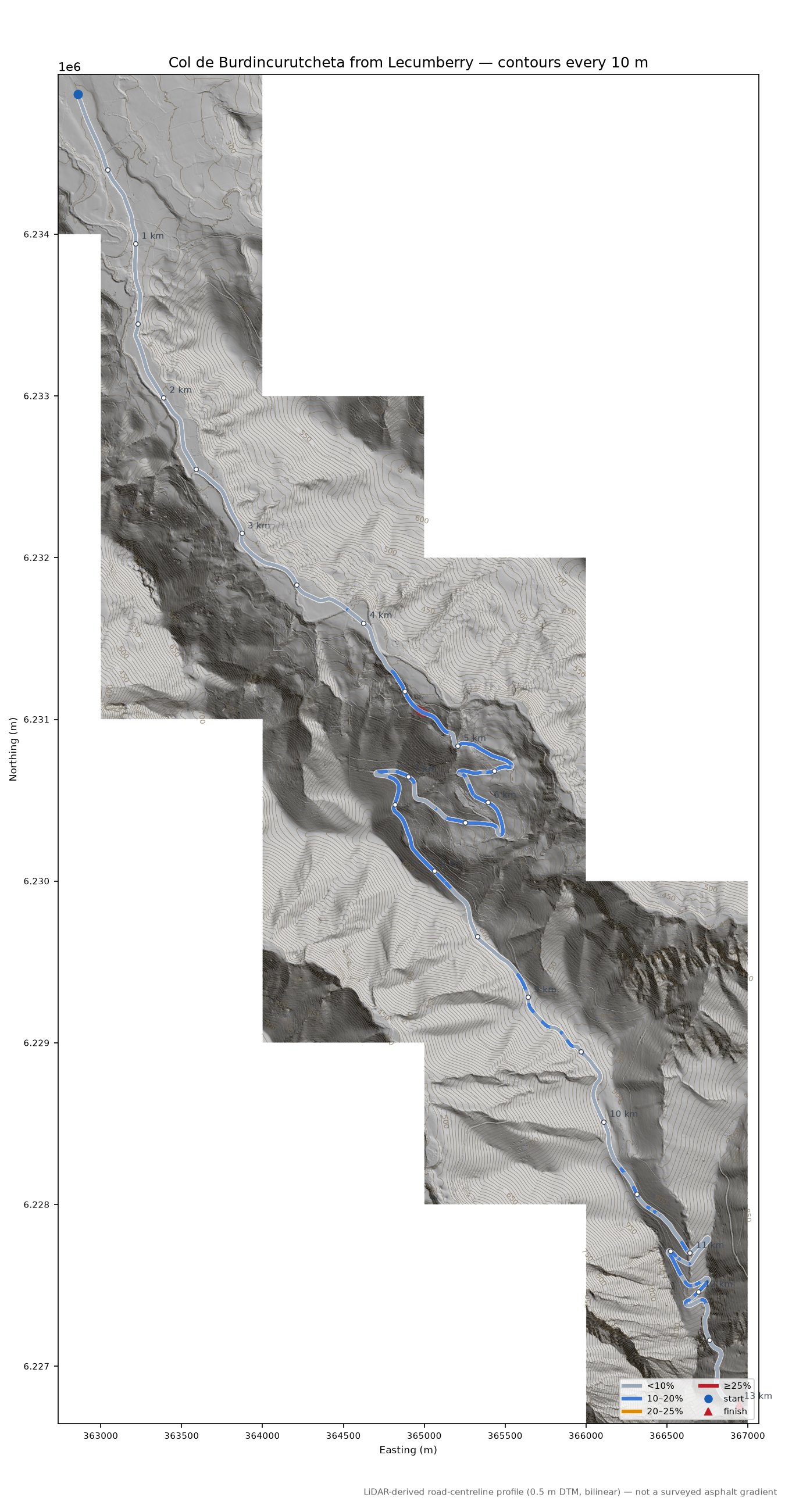 Col de Burdincurutcheta from Lecumberry LiDAR hillshade map with contours