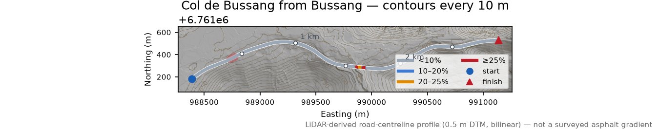 Col de Bussang from Bussang LiDAR hillshade map with contours