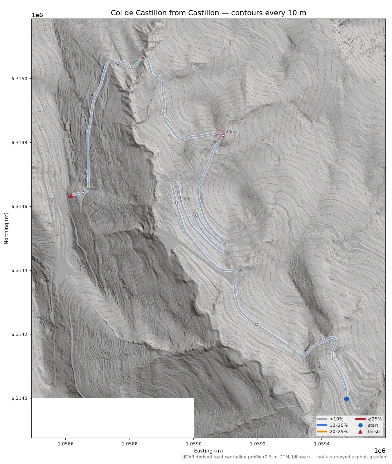 Col de Castillon from Castillon LiDAR hillshade map with contours