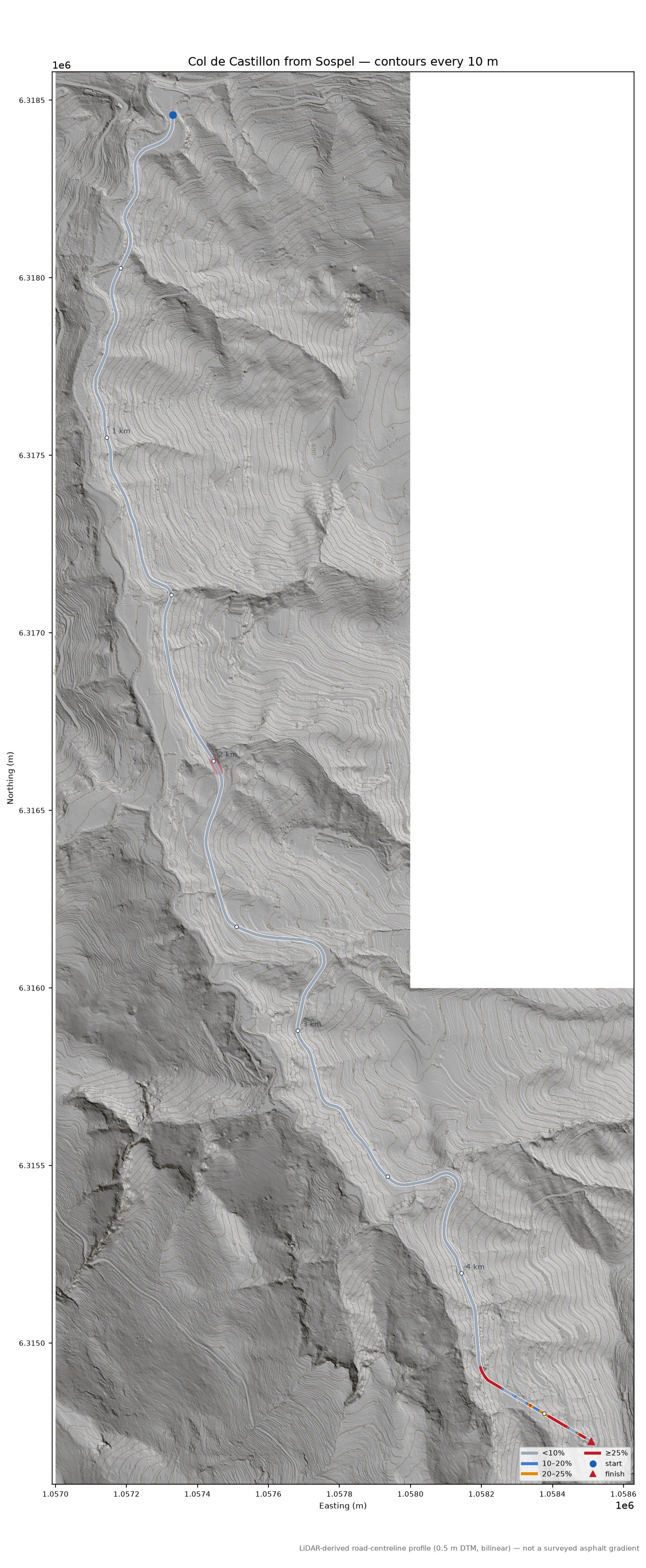 Col de Castillon from Sospel LiDAR hillshade map with contours