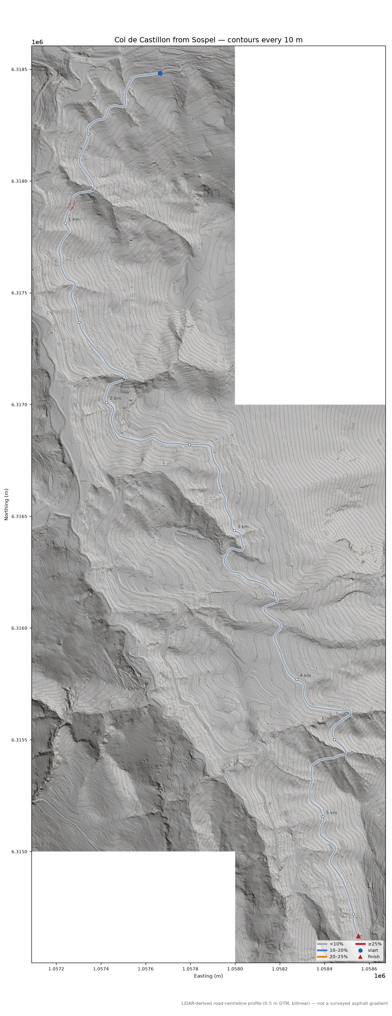 Col de Castillon from Sospel LiDAR hillshade map with contours