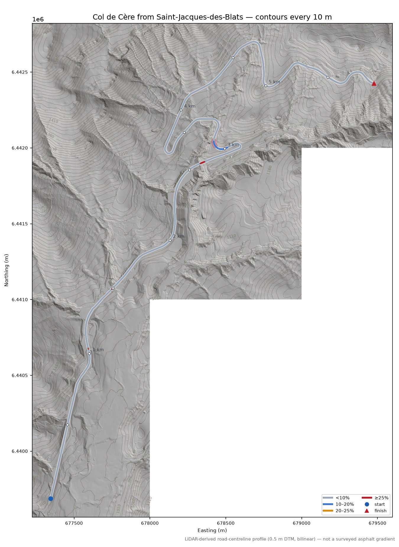 Col de Cère from Saint-Jacques-des-Blats LiDAR hillshade map with contours