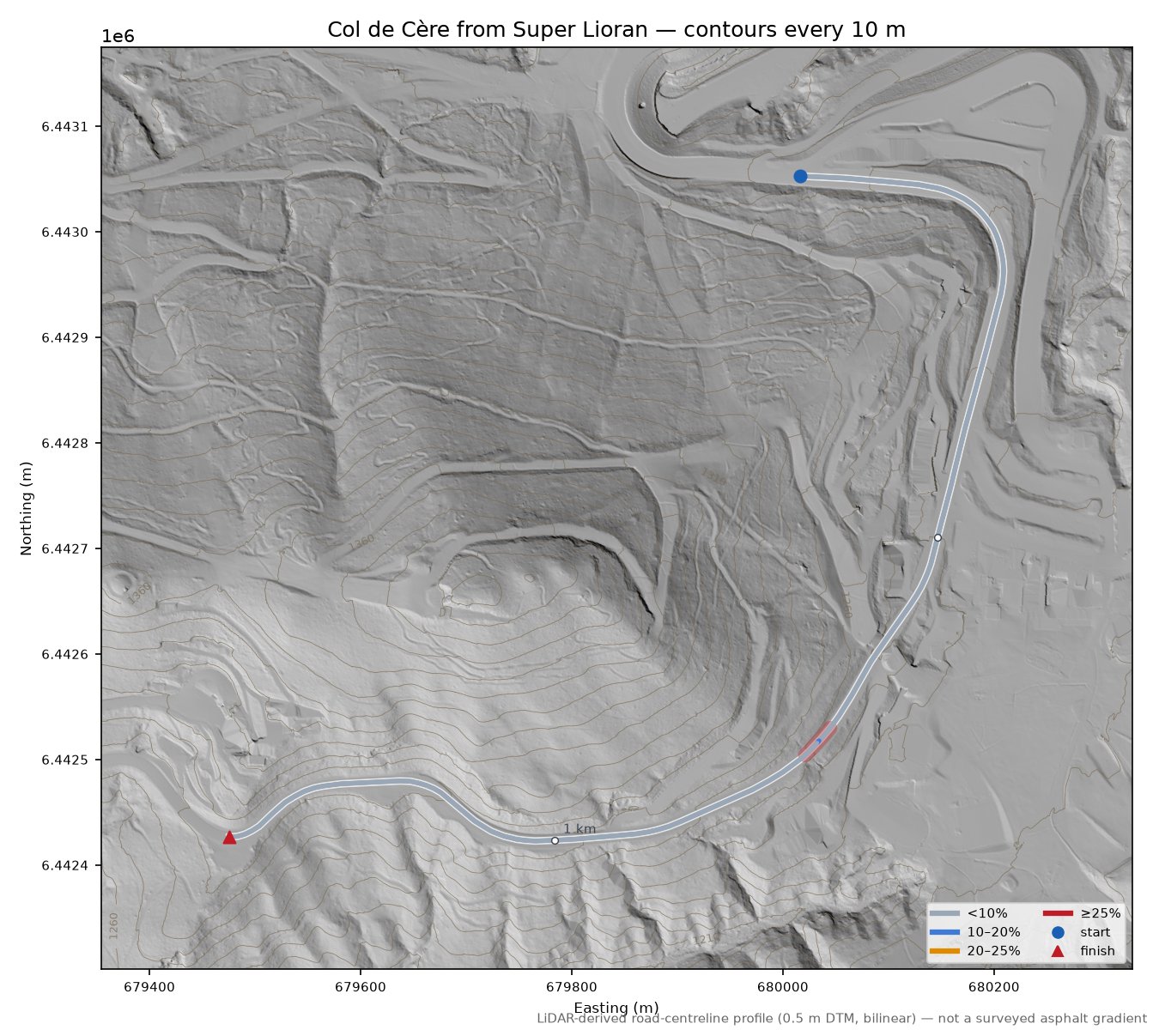 Col de Cère from Super Lioran LiDAR hillshade map with contours