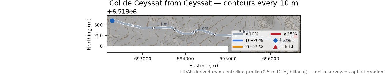 Col de Ceyssat from Ceyssat LiDAR hillshade map with contours