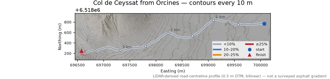 Col de Ceyssat from Orcines LiDAR hillshade map with contours