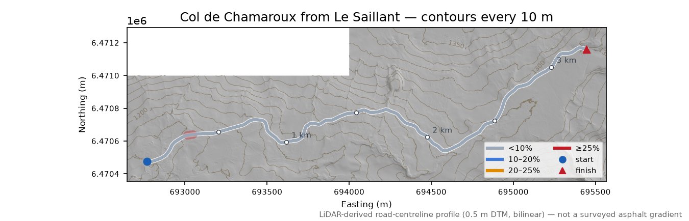 Col de Chamaroux from Le Saillant LiDAR hillshade map with contours