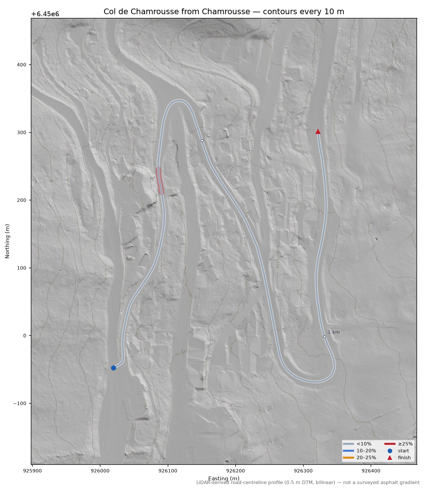 Col de Chamrousse from Chamrousse LiDAR hillshade map with contours