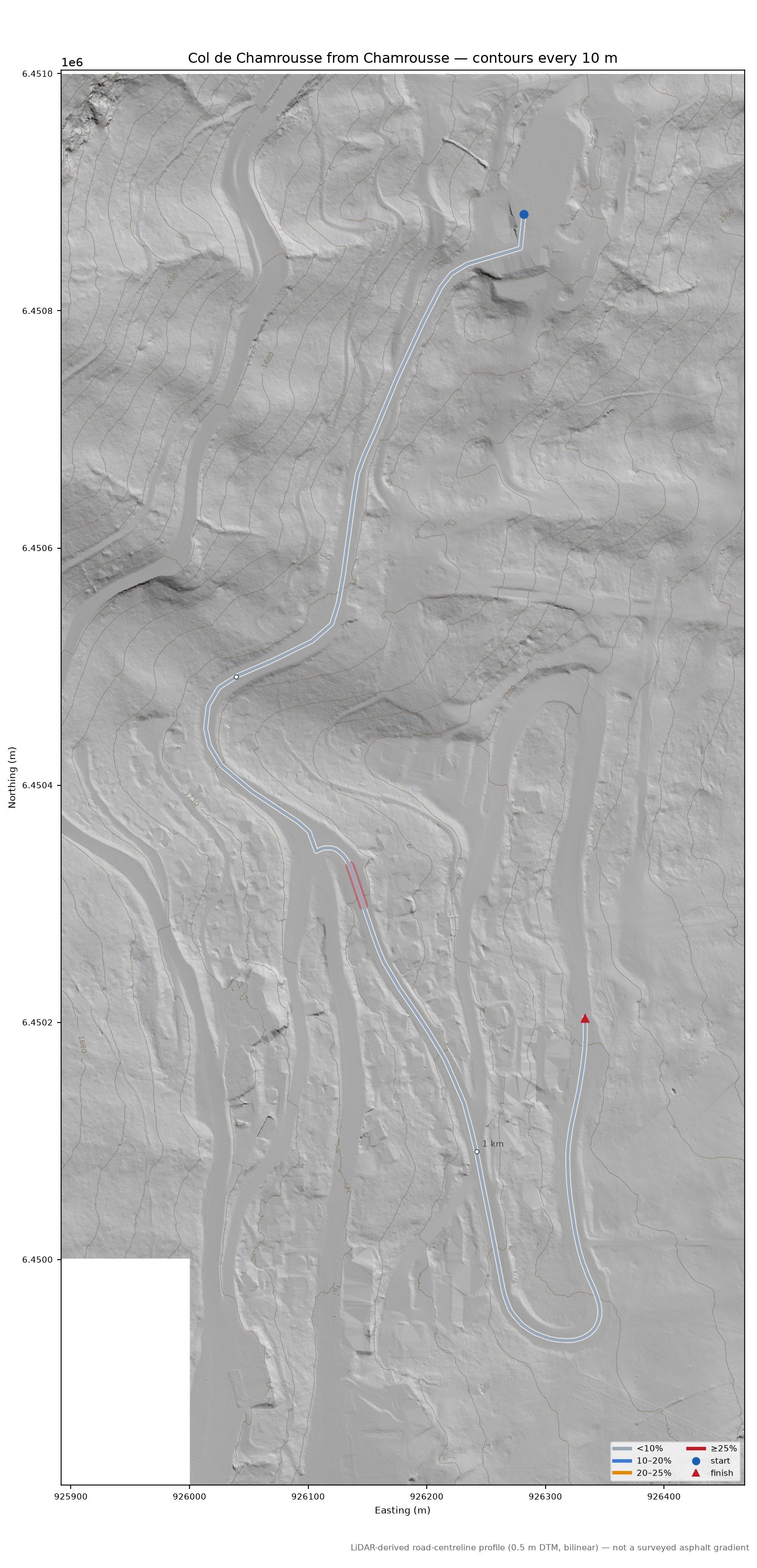 Col de Chamrousse from Chamrousse LiDAR hillshade map with contours