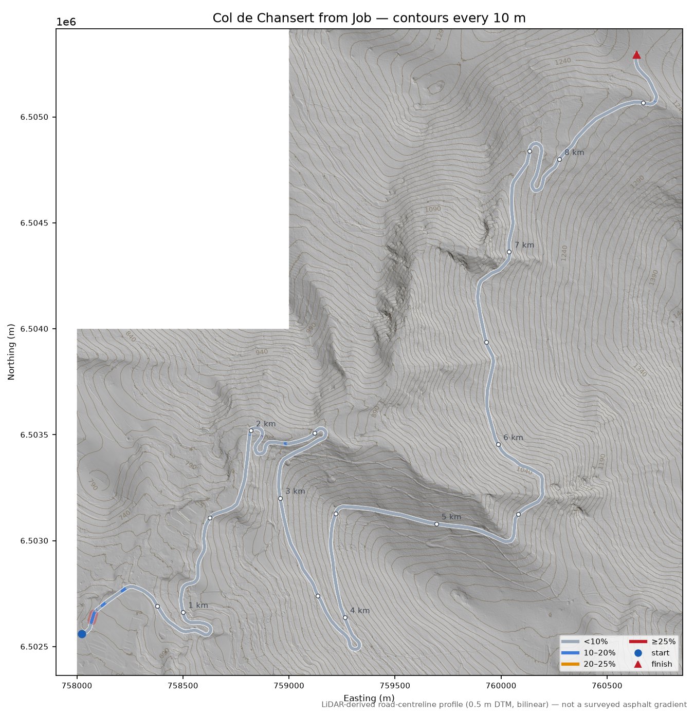 Col de Chansert from Job LiDAR hillshade map with contours