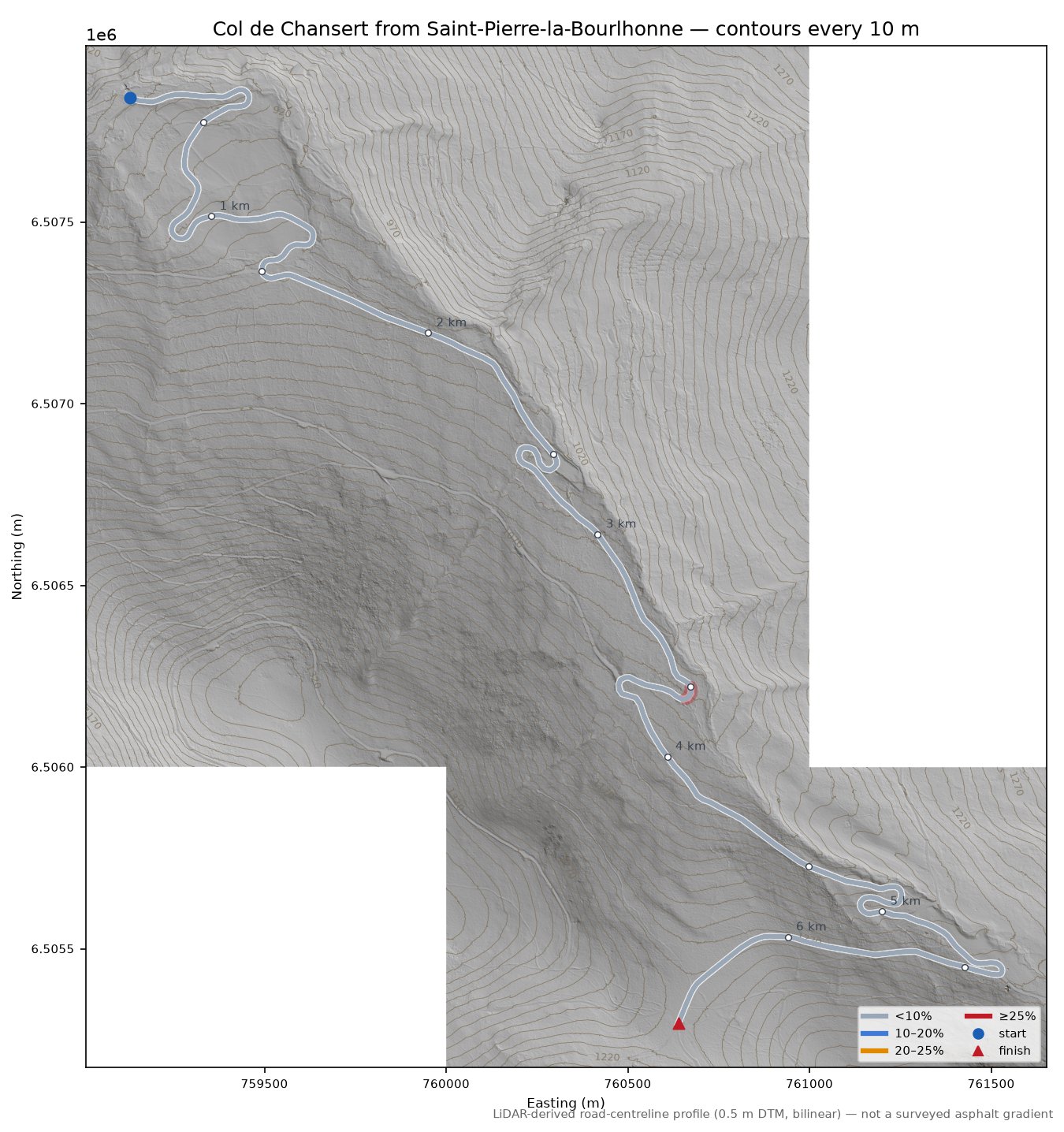 Col de Chansert from Saint-Pierre-la-Bourlhonne LiDAR hillshade map with contours