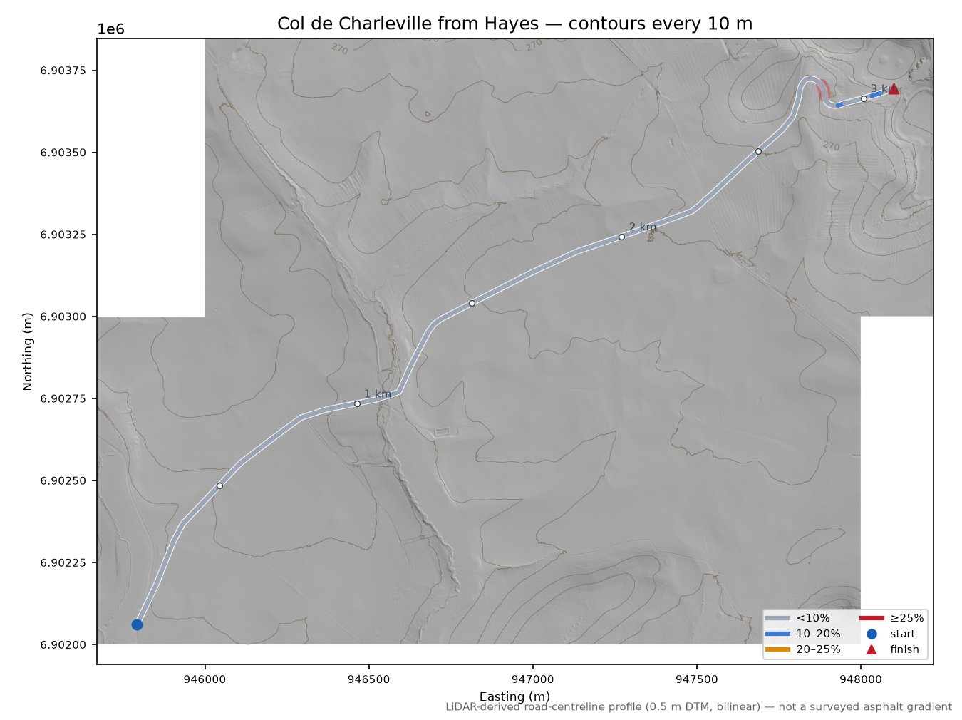 Col de Charleville from Hayes LiDAR hillshade map with contours